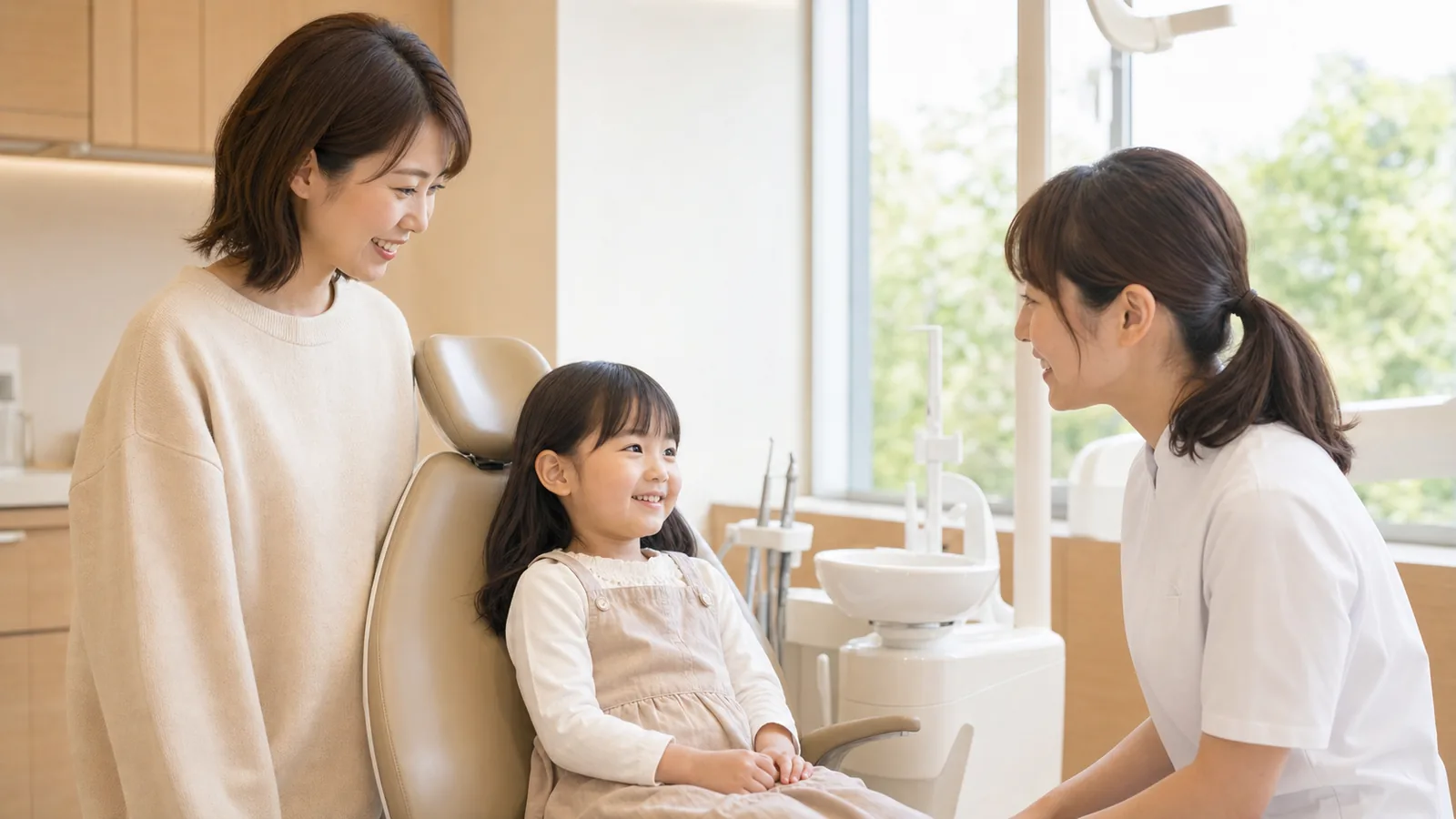 診療チェアの子どもと母親（写真はイメージ）