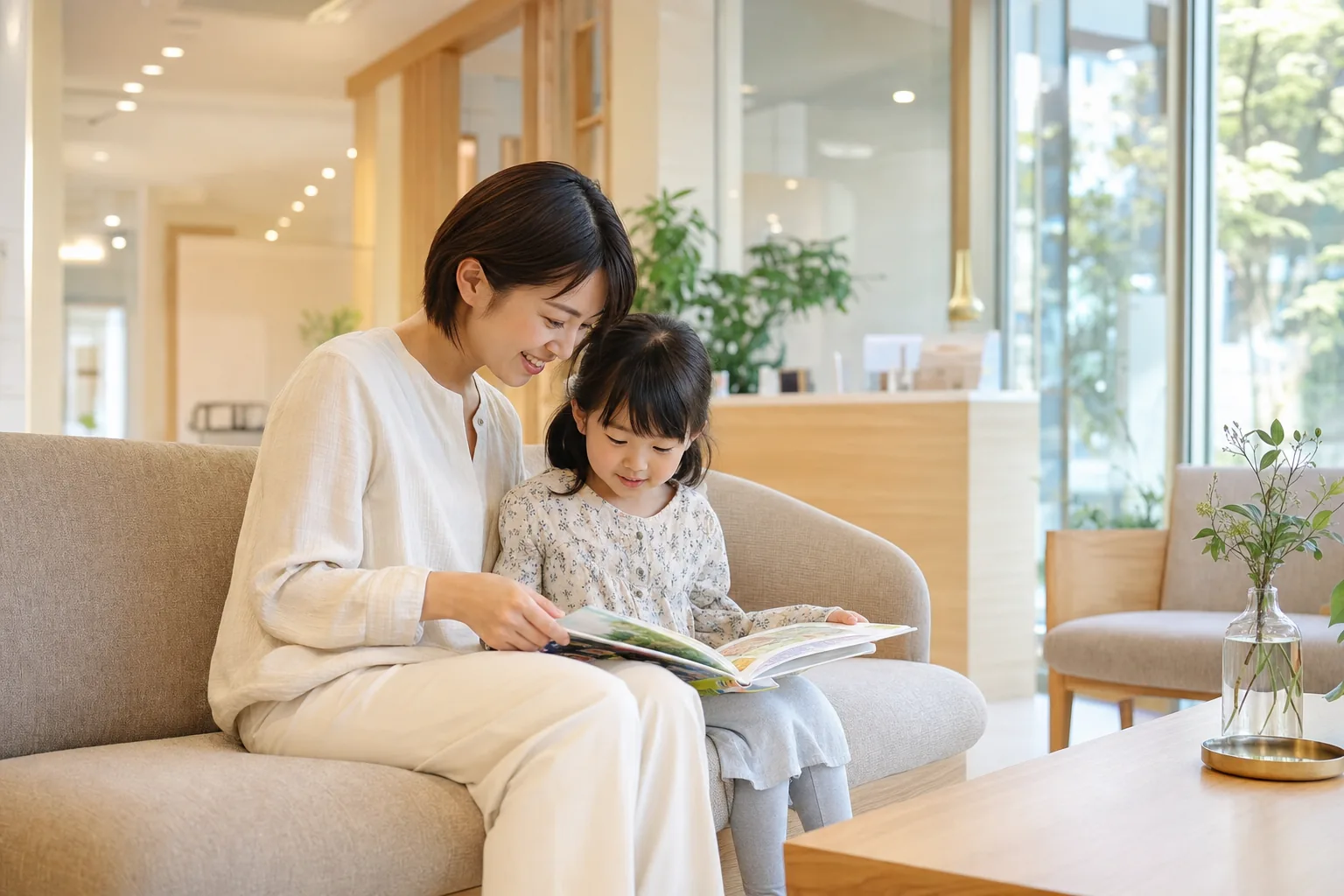 待合室で絵本を読む親子（写真はイメージ）