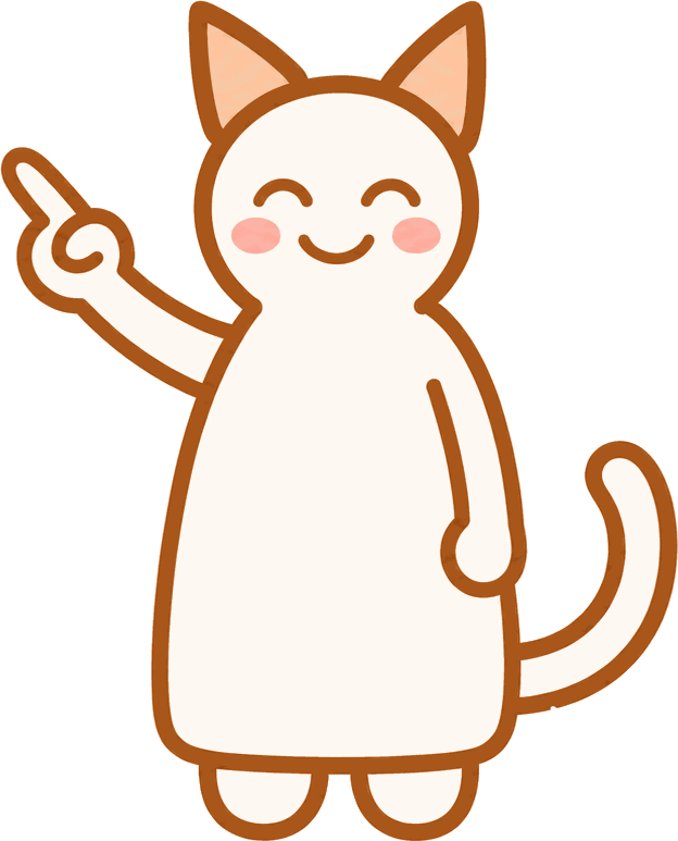 歯の形をした猫のマスコット「がじゅまる」が指をさしているイラスト