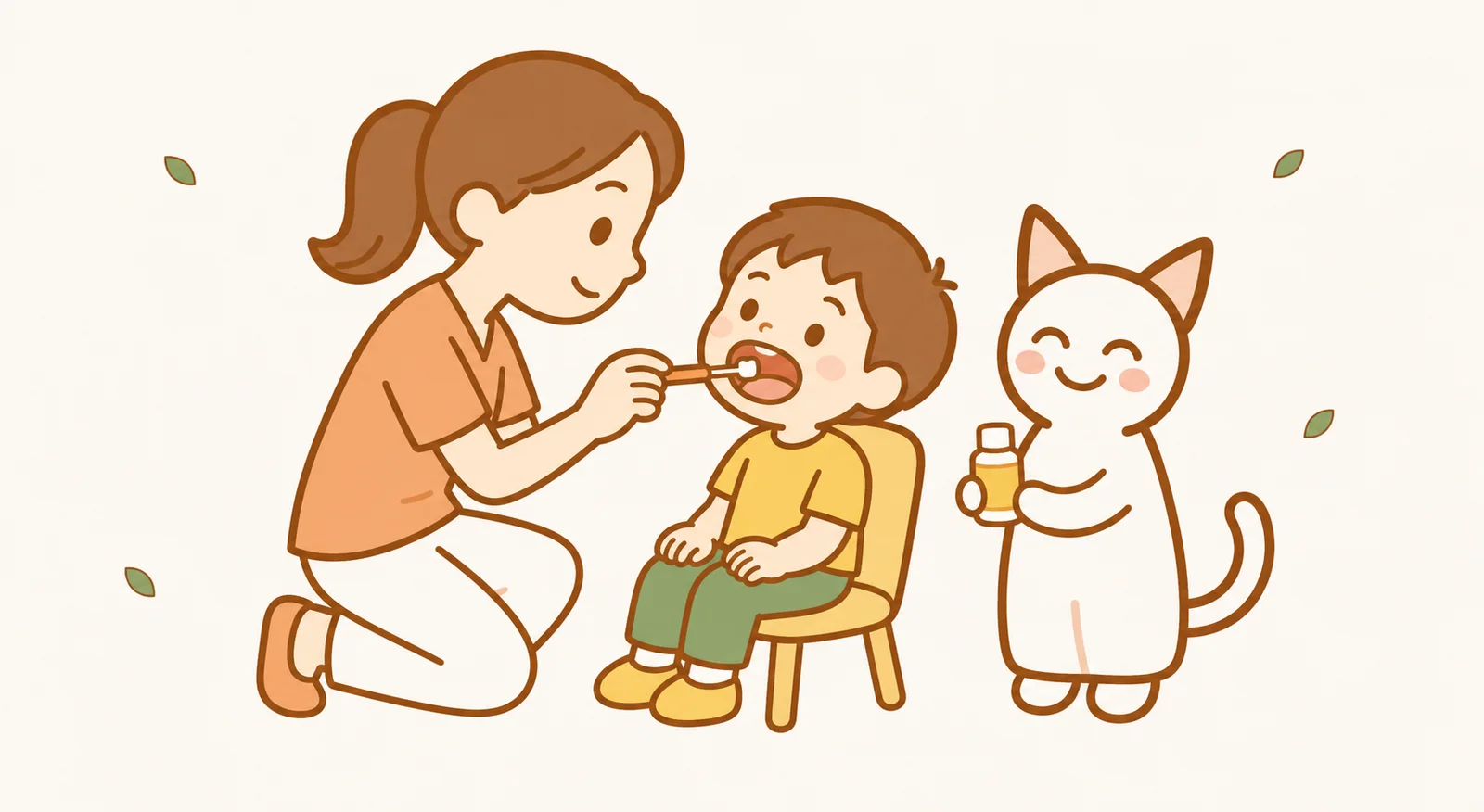 子どもの歯にフッ化物を塗っている場面のイラスト