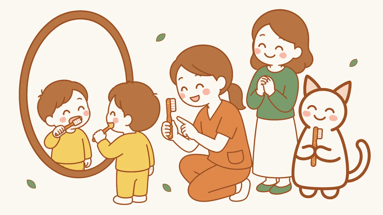 子どもに歯ブラシの当て方を説明しているイラスト